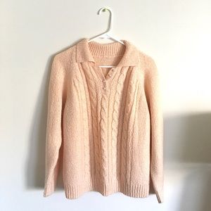 Peach Handknit Vintage Sweater with Collar and Pearl Buttons